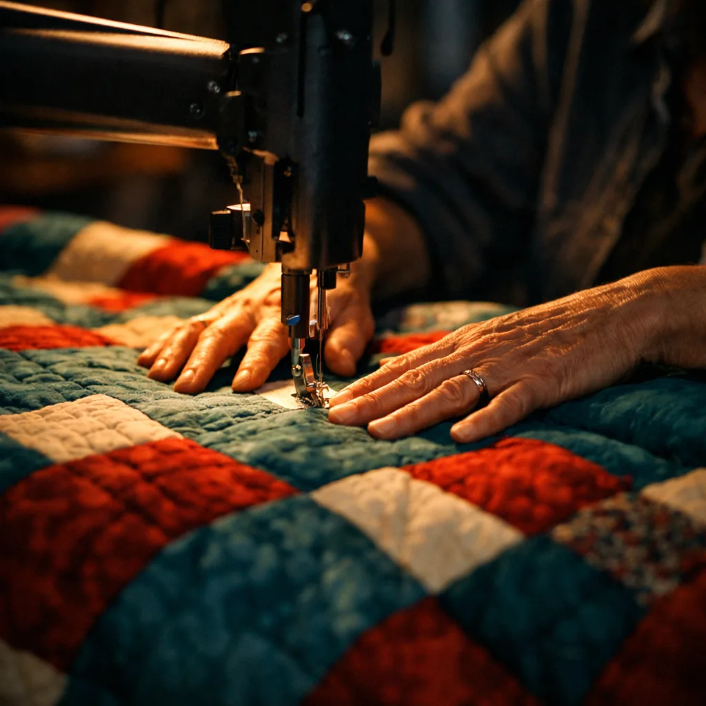 A quilter guiding a large quilt through a machine with a wide throat
