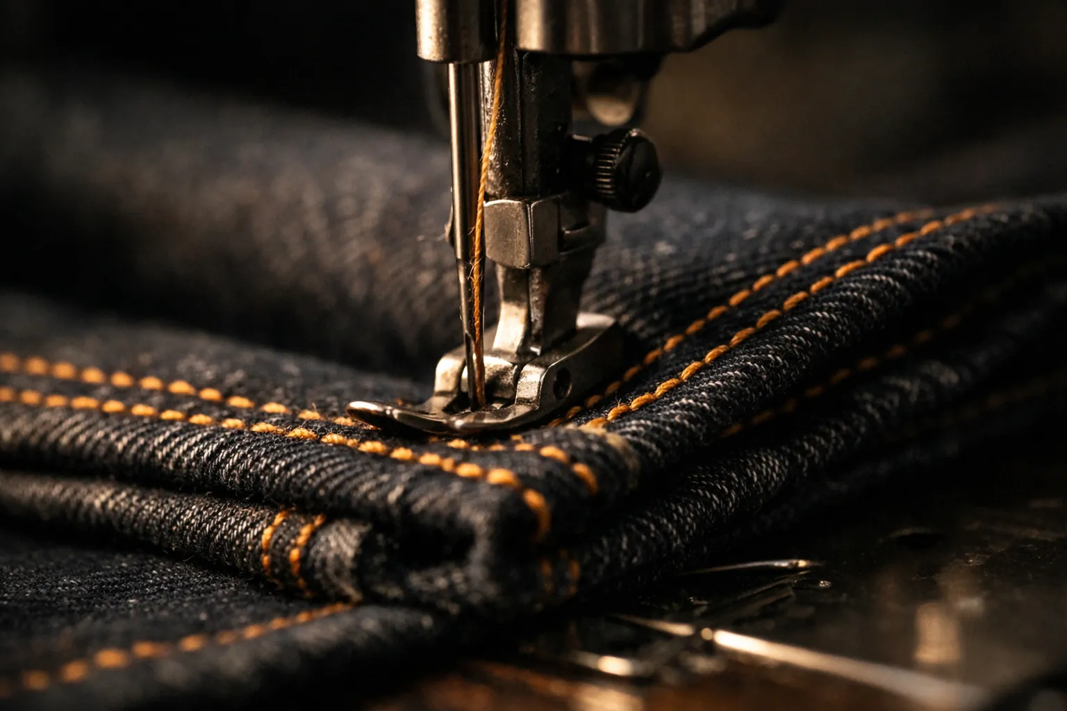 A needle stitching through several layers of denim