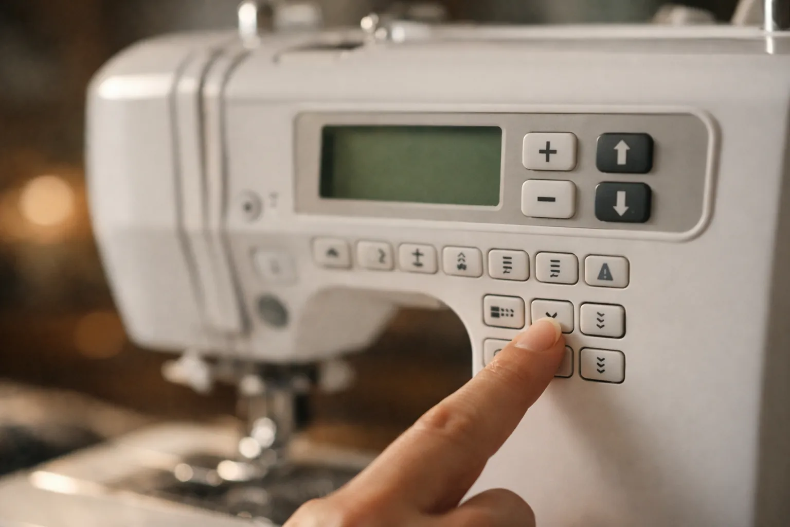 A finger pressing a button on a computerized sewing machine control panel