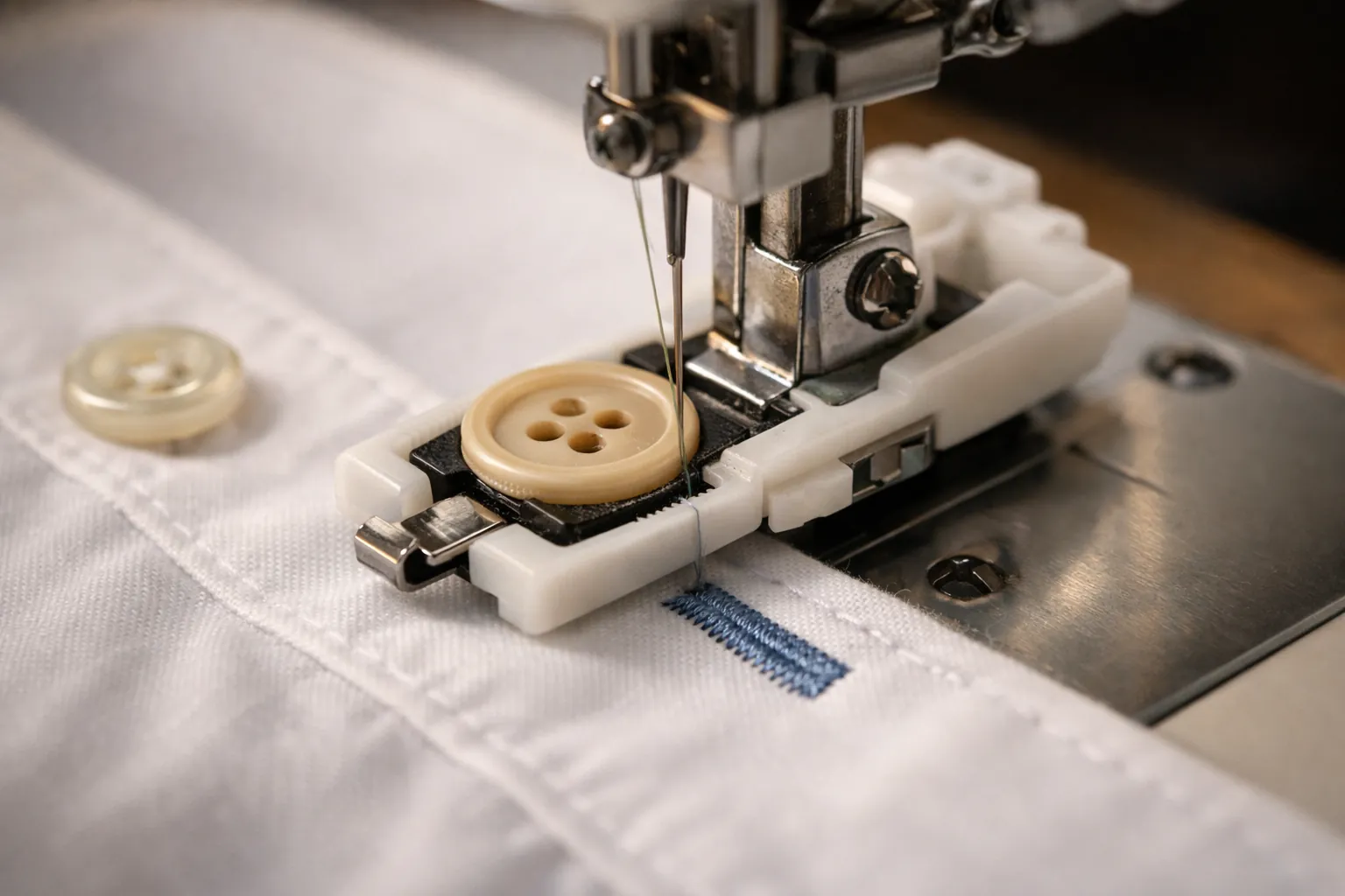 A one-step buttonhole foot sewing a buttonhole on a shirt placket