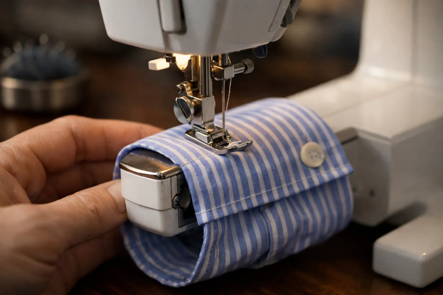 A shirt cuff on the free arm of a sewing machine
