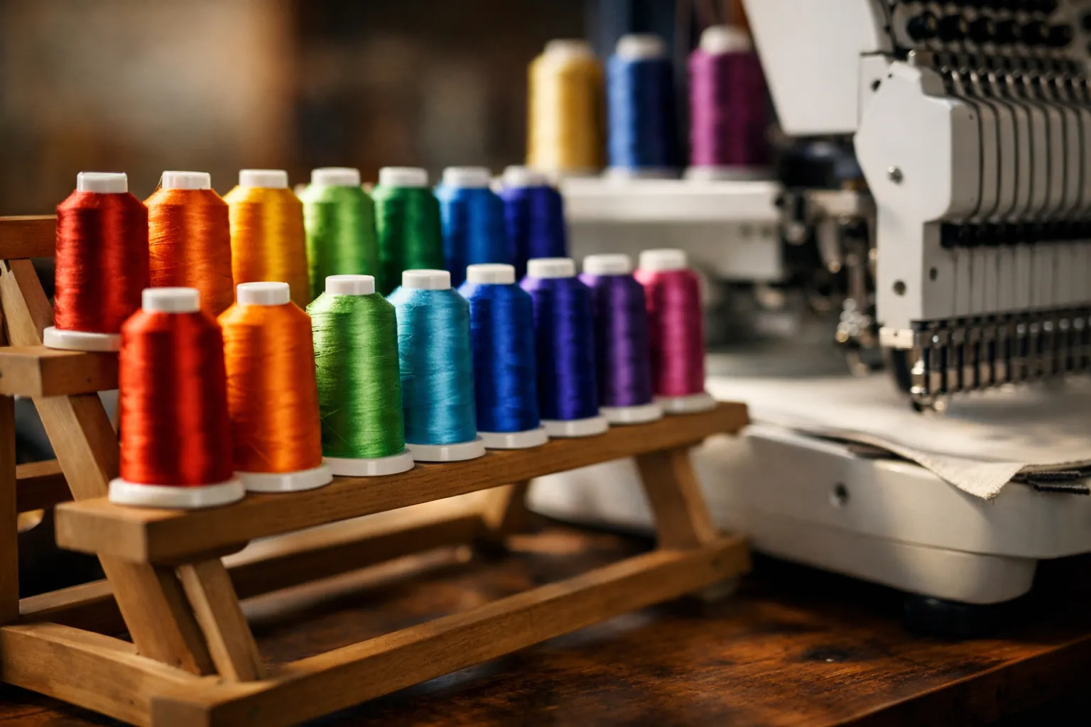 A row of colorful embroidery thread spools on a rack