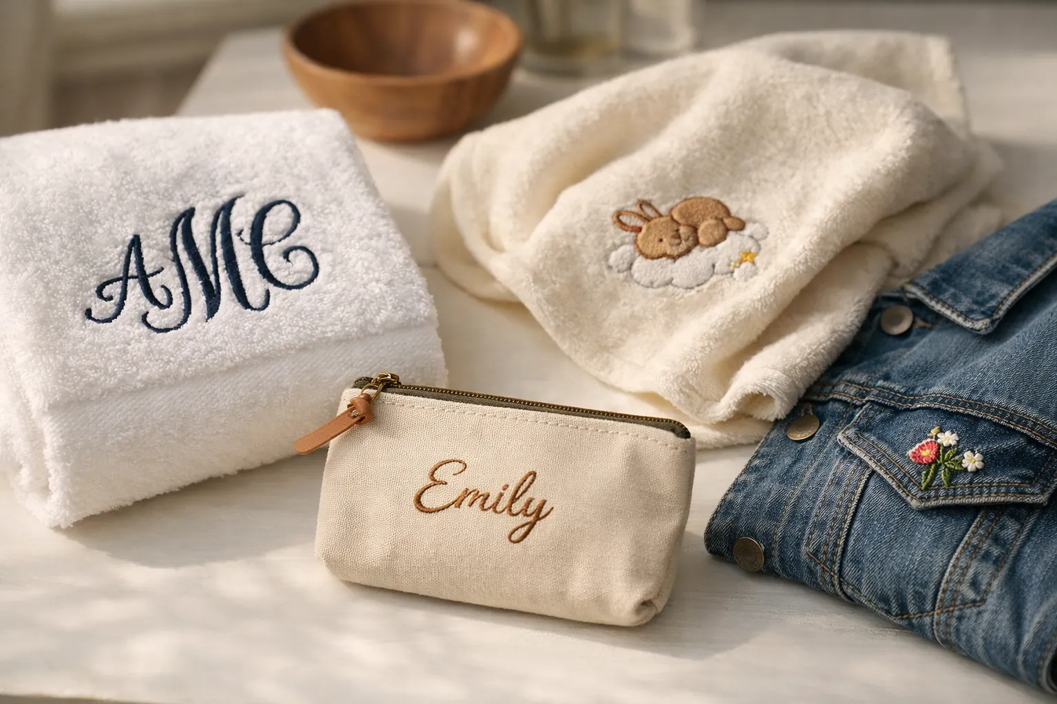 Embroidered gifts including a monogrammed towel and baby blanket