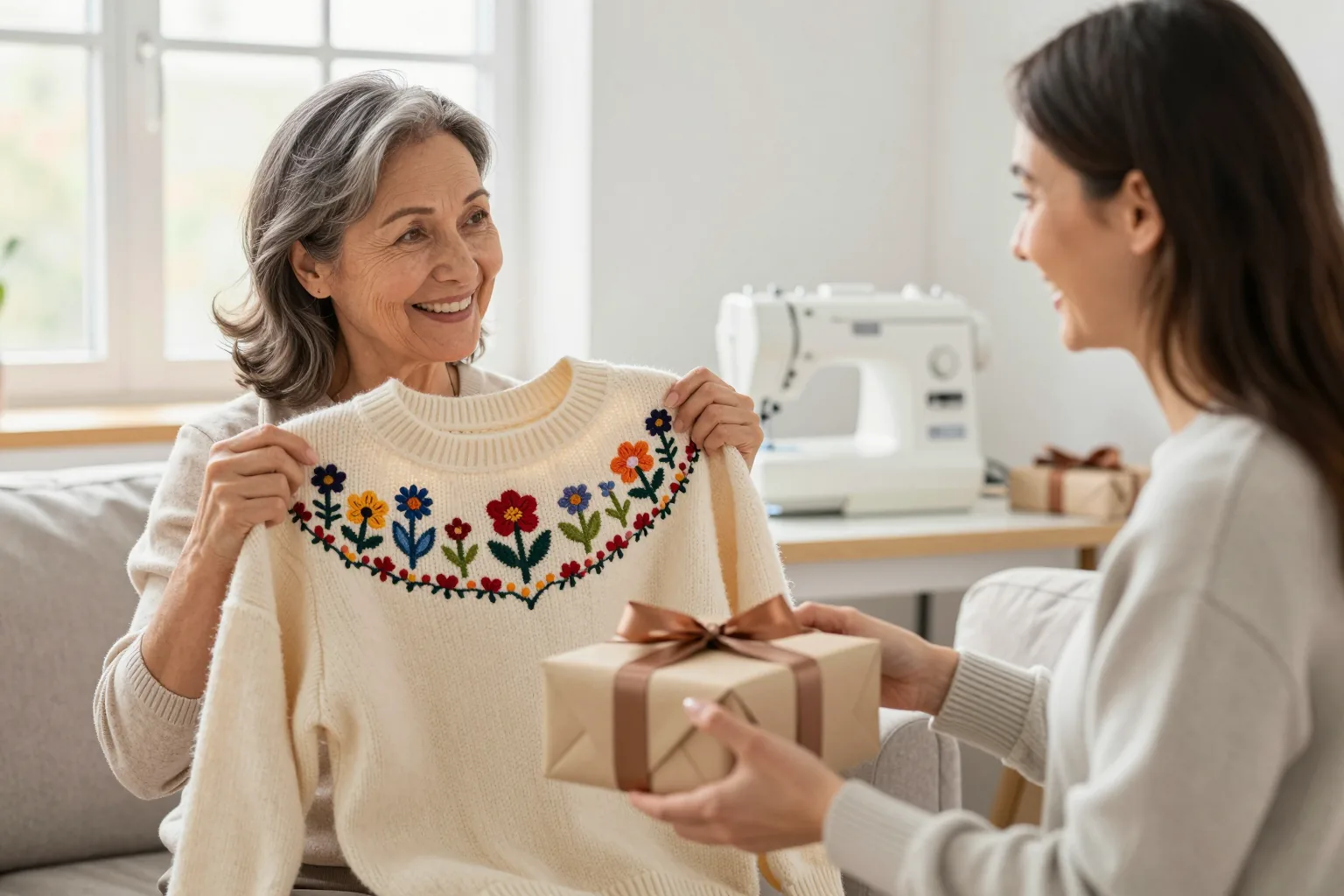 A home embroidery machine stitching a colorful flower design on a cotton tote bag in a hoop