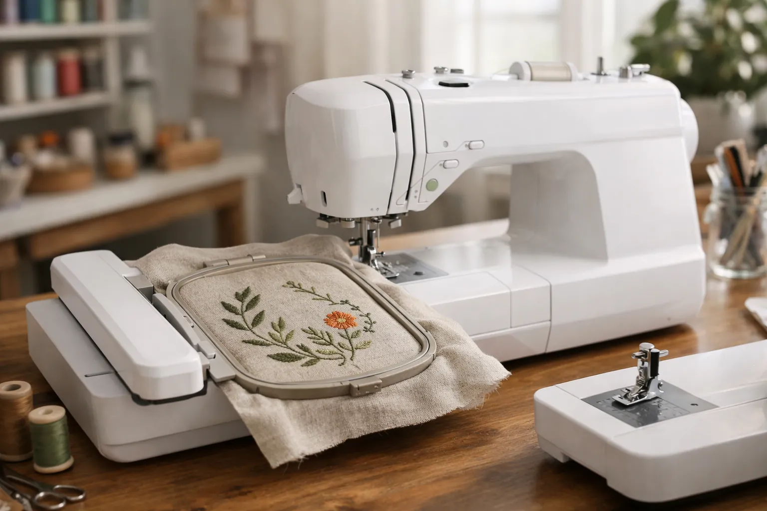 A sewing machine with an embroidery unit attached stitching a design on fabric in a hoop