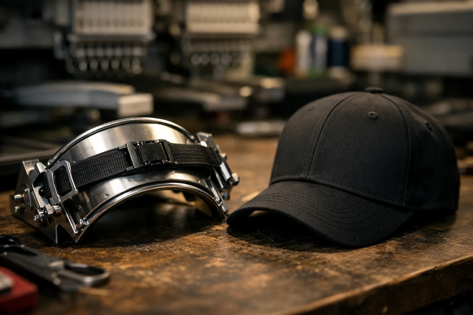 A curved cap embroidery frame next to a plain baseball cap