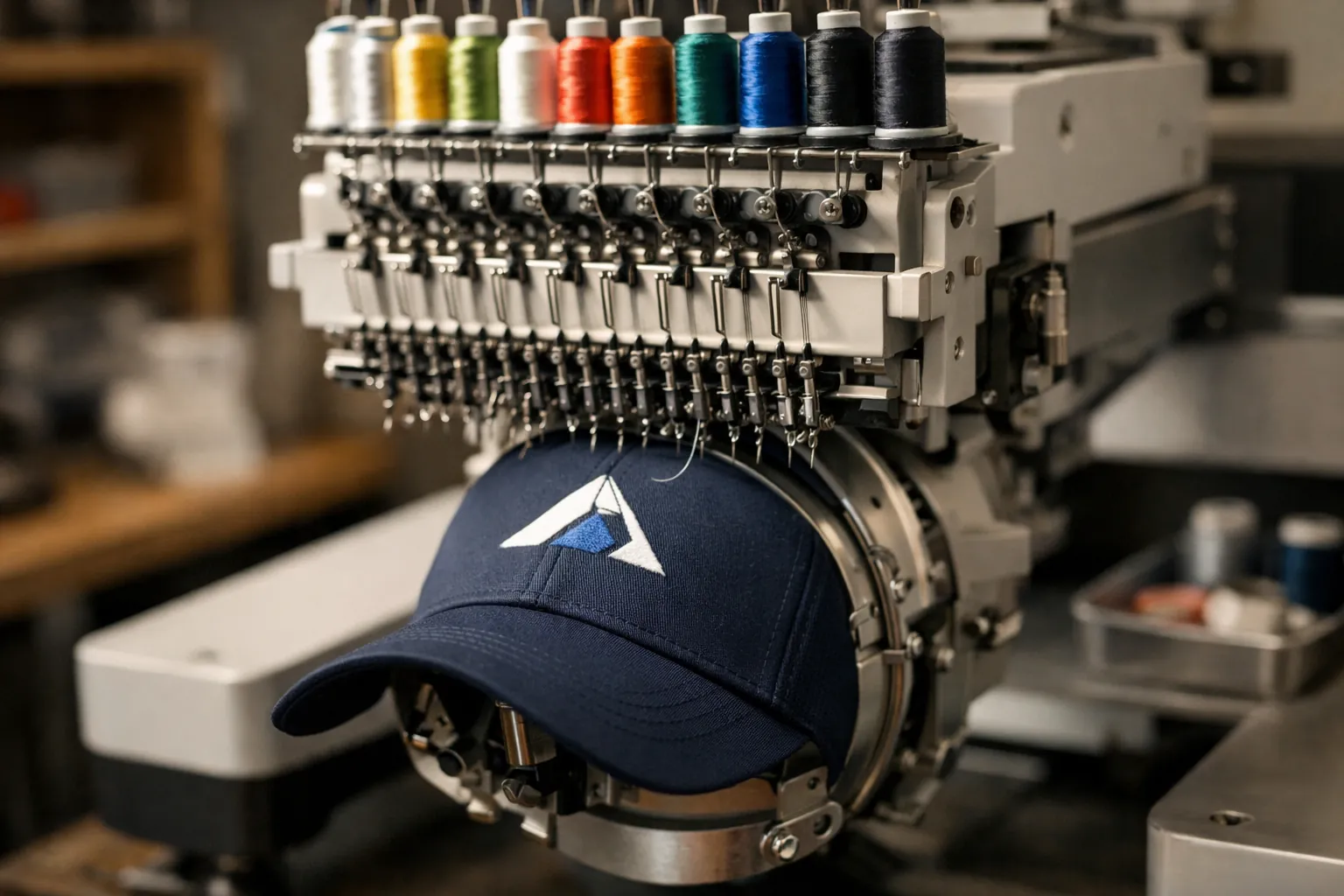 A multi-needle embroidery machine stitching a logo onto the front of a baseball cap mounted on a cap frame
