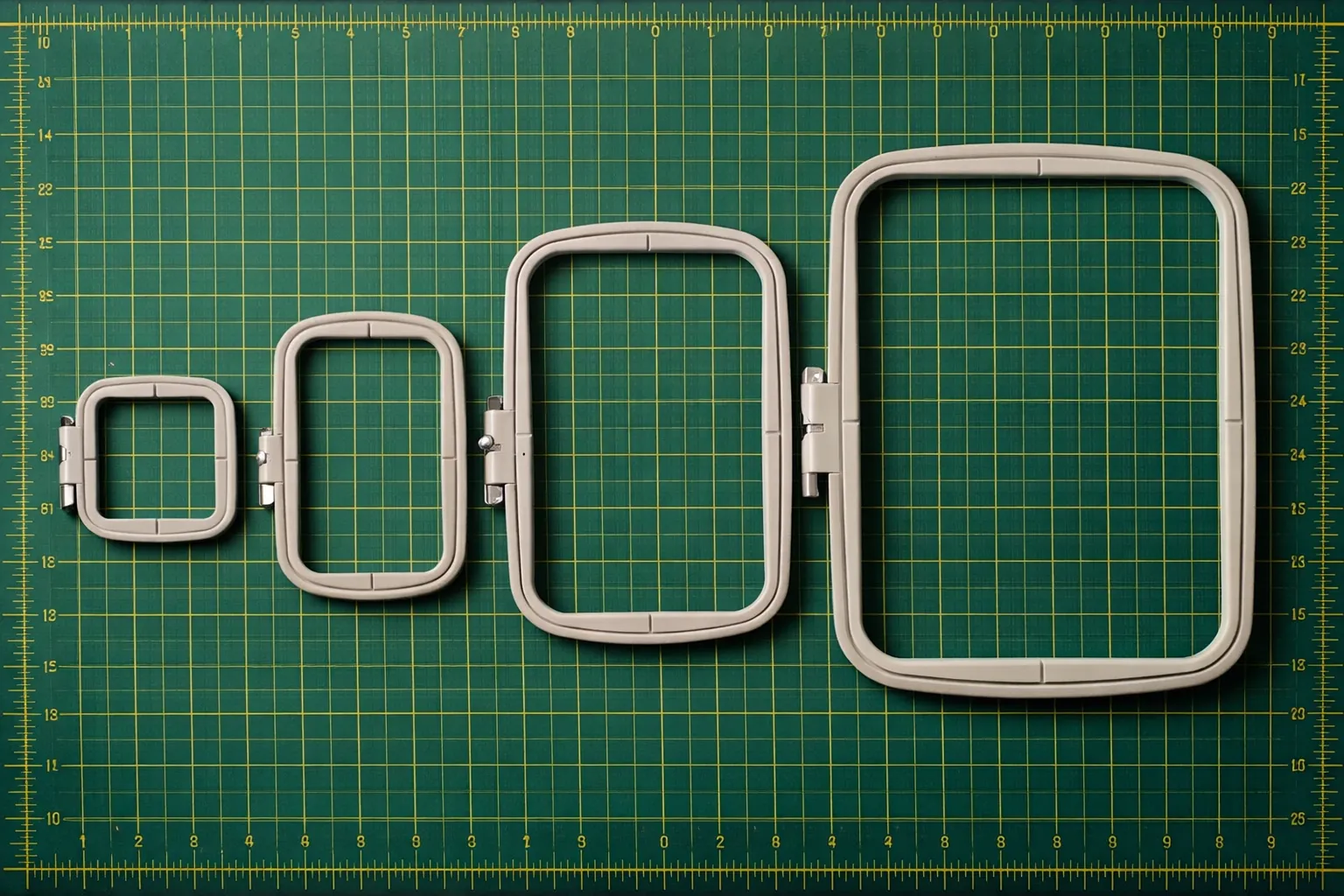 Several machine embroidery hoops of different sizes laid out on a cutting mat