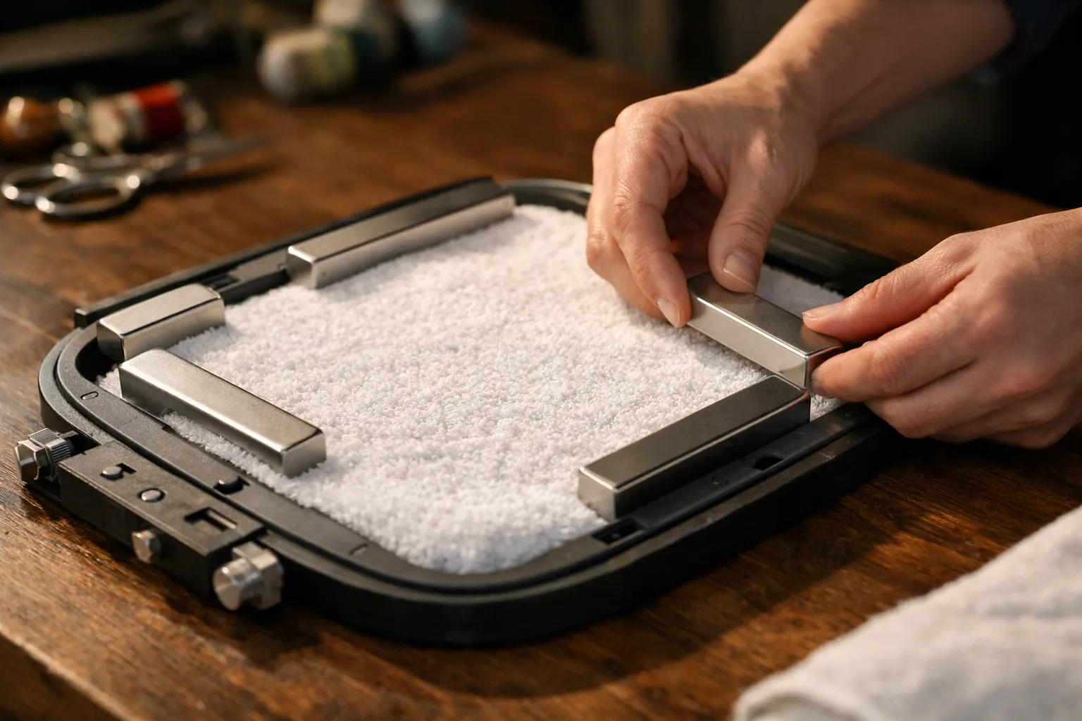 A magnetic hoop holding a thick towel flat