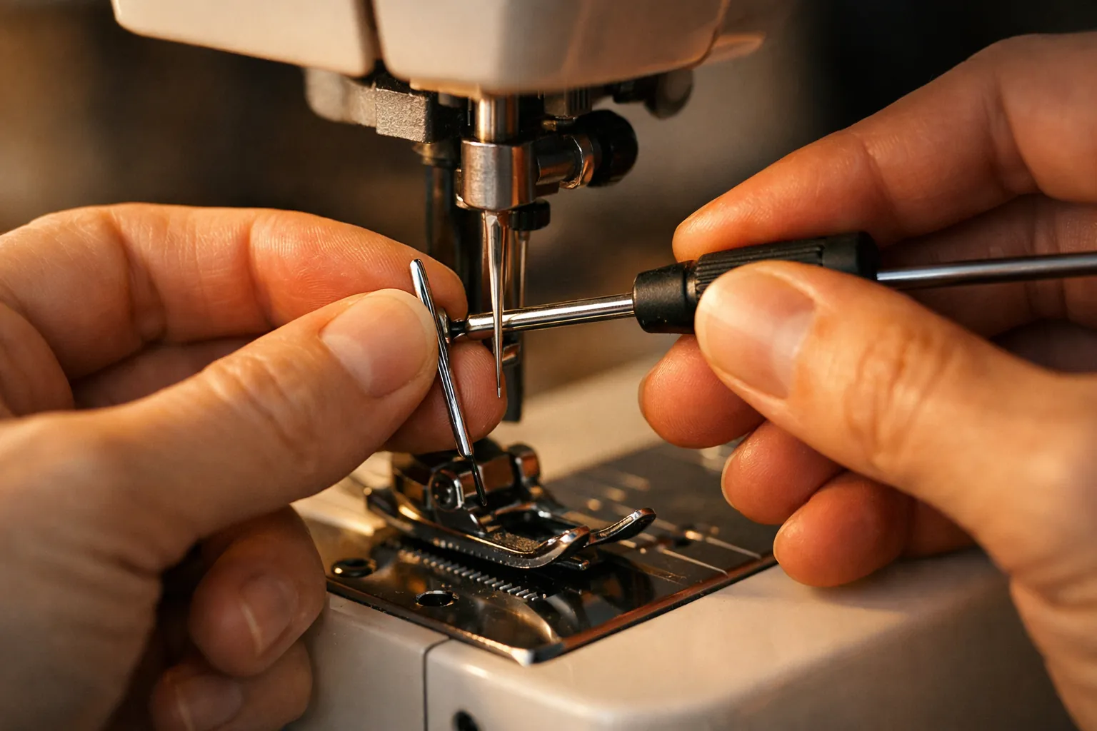 Changing a sewing machine needle with a small screwdriver