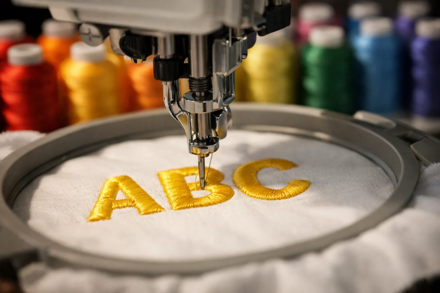 An embroidery machine stitching letters with colorful thread spools behind