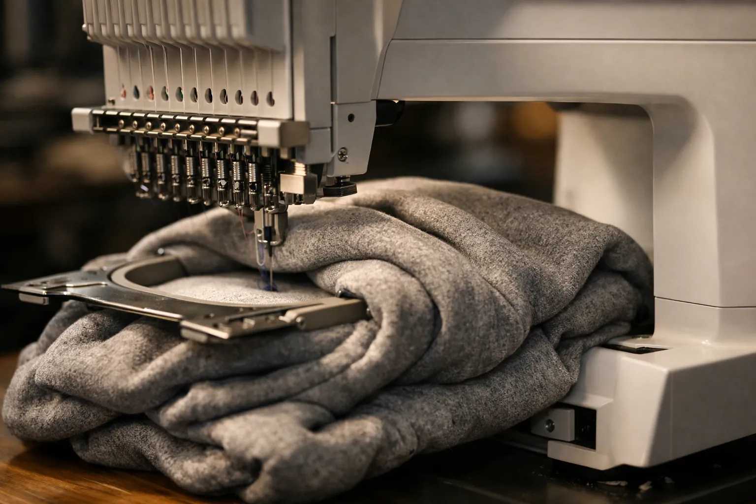 A bulky sweatshirt passing through the space beside an embroidery machine's needle