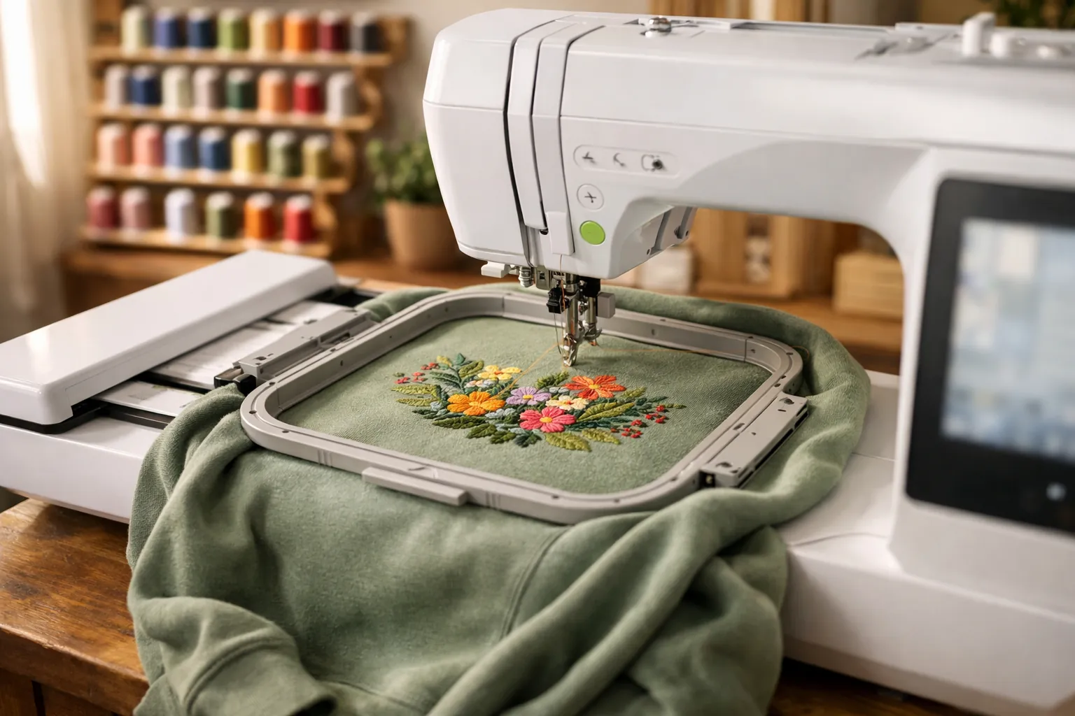 An embroidery-only machine stitching a colorful design on a sweatshirt in a rectangular hoop