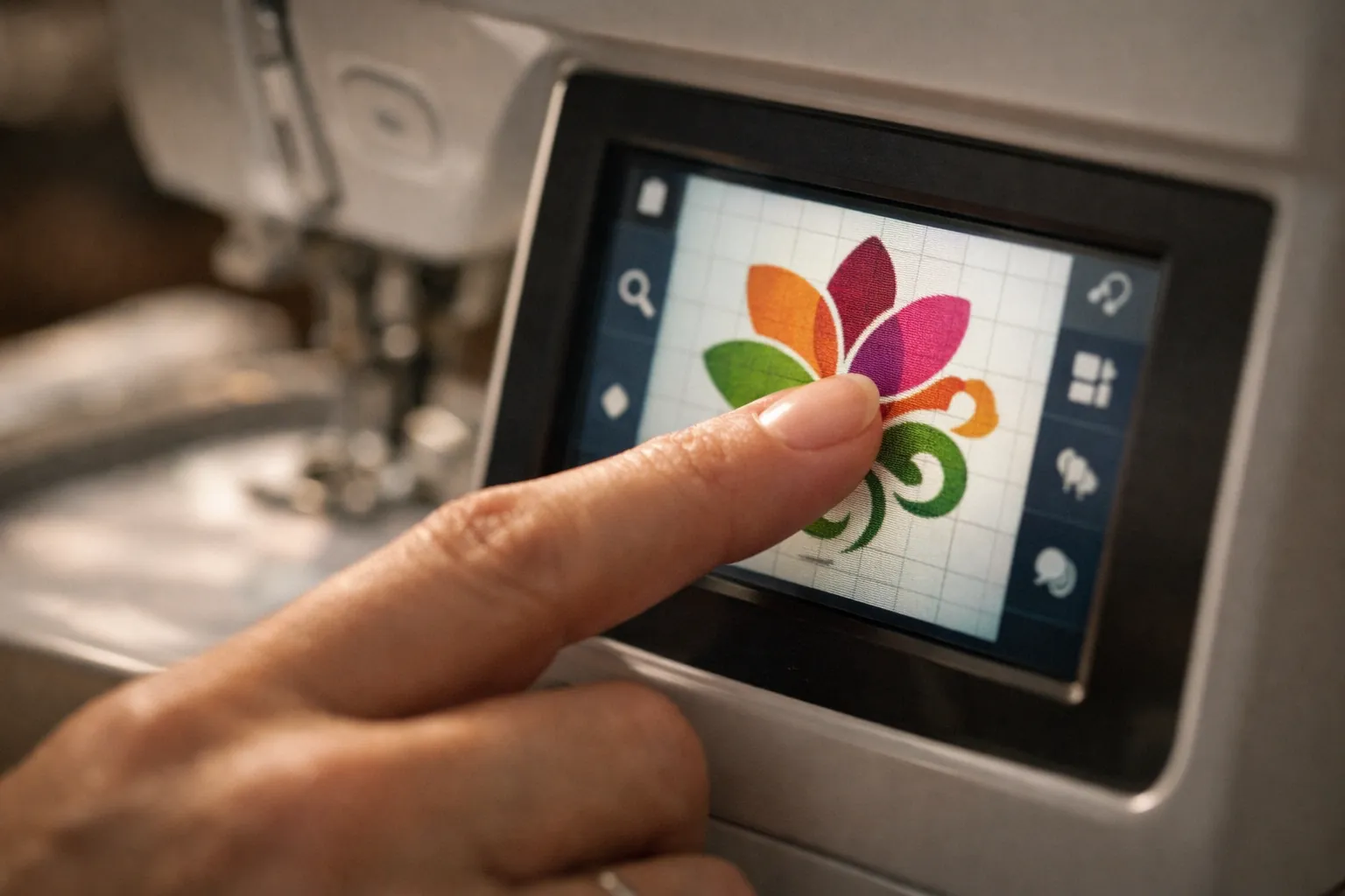 A finger dragging a design on an embroidery machine touchscreen
