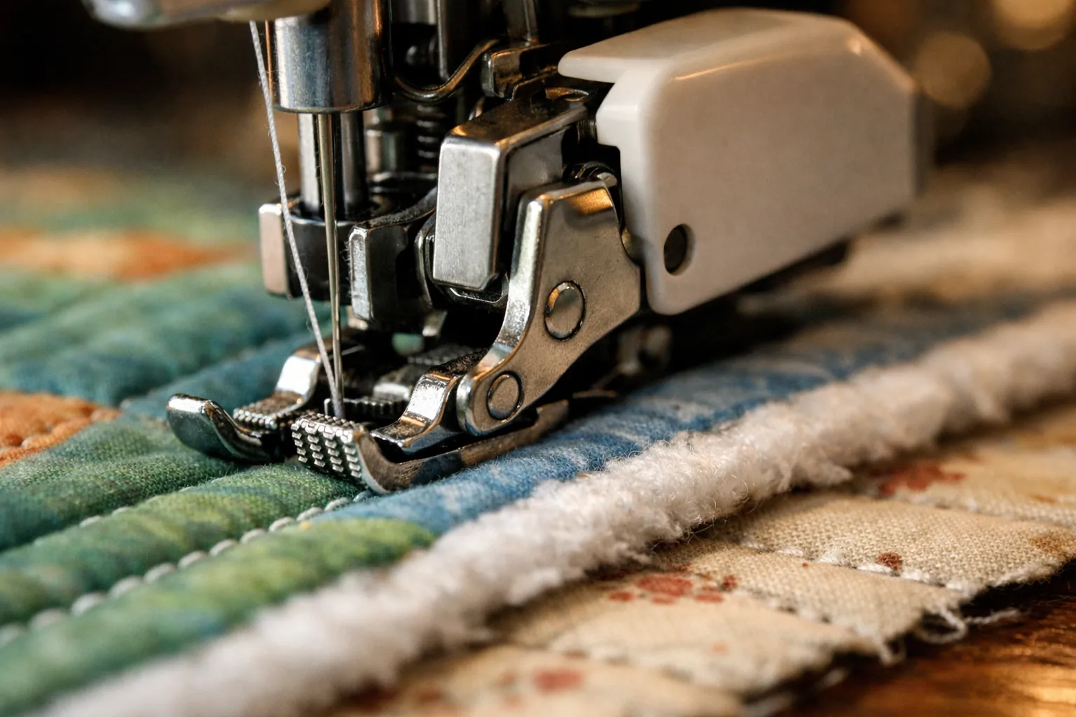 A walking foot stitching through the layers of a quilt sandwich