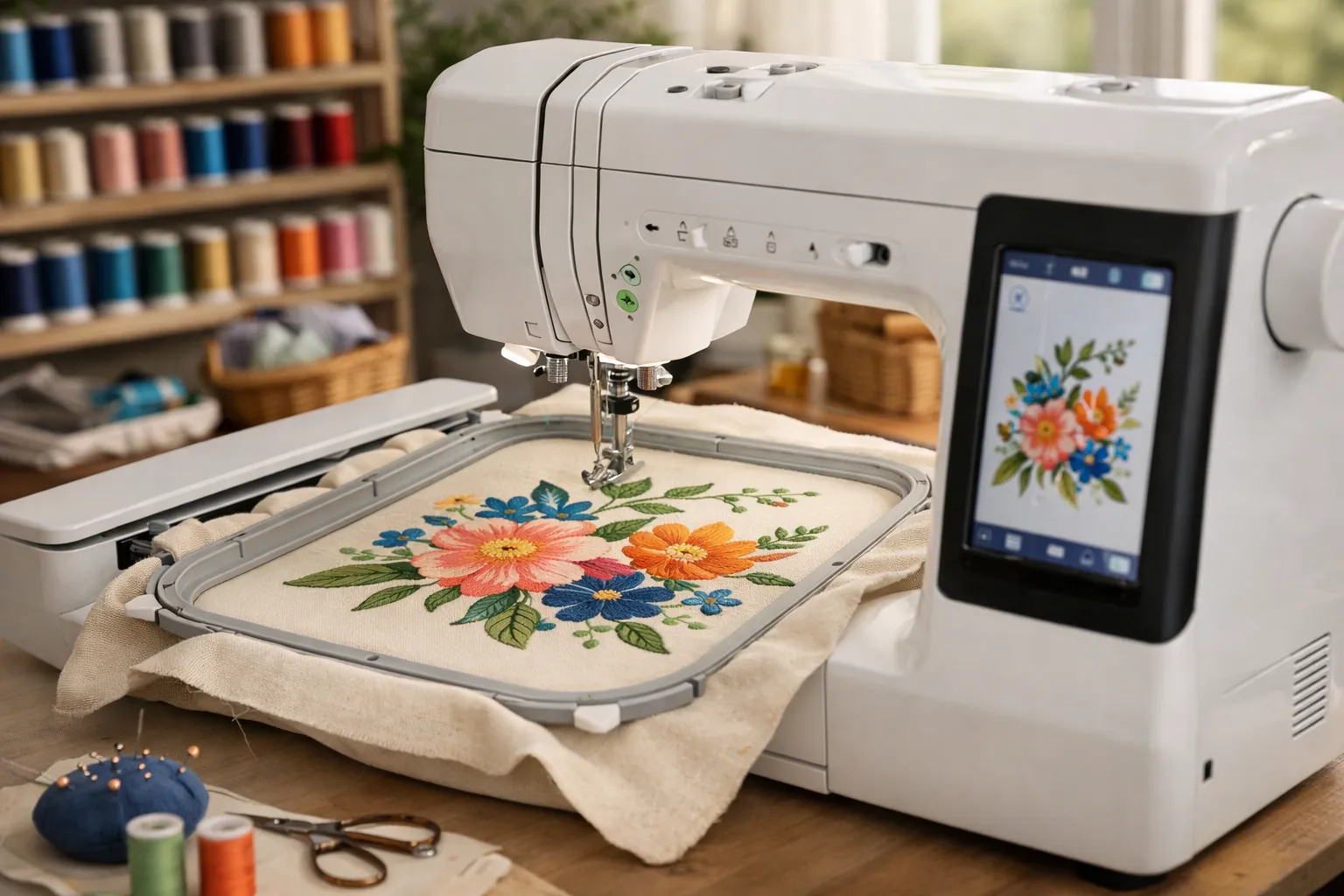 A sewing and embroidery combination machine stitching a large floral design on a canvas tote panel in a rectangular hoop