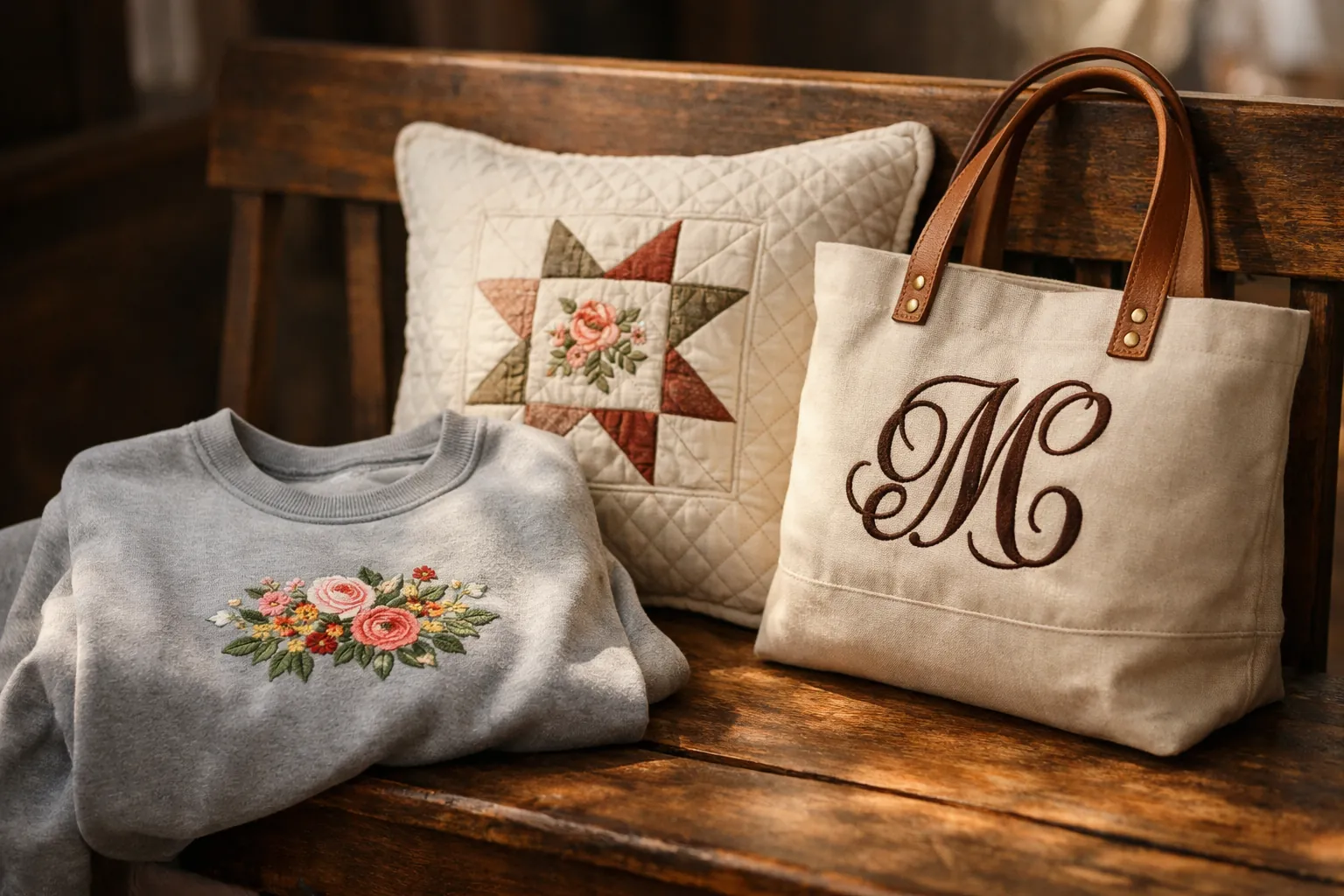 An embroidered sweatshirt, quilted pillow and monogrammed tote