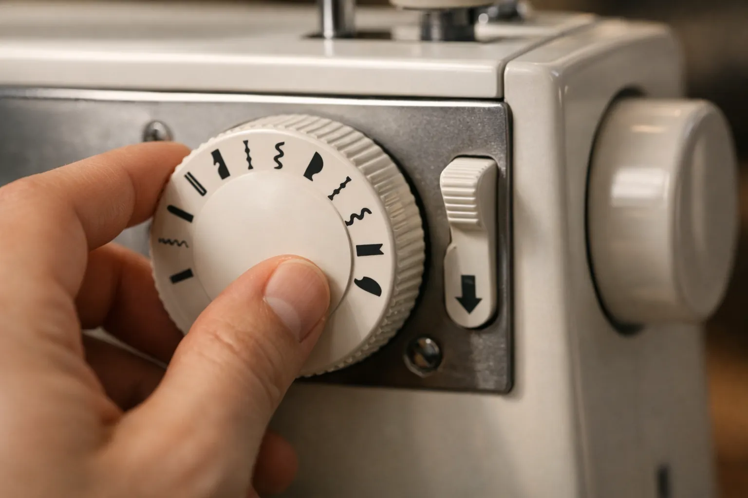 A hand turning the stitch selector dial on a sewing machine