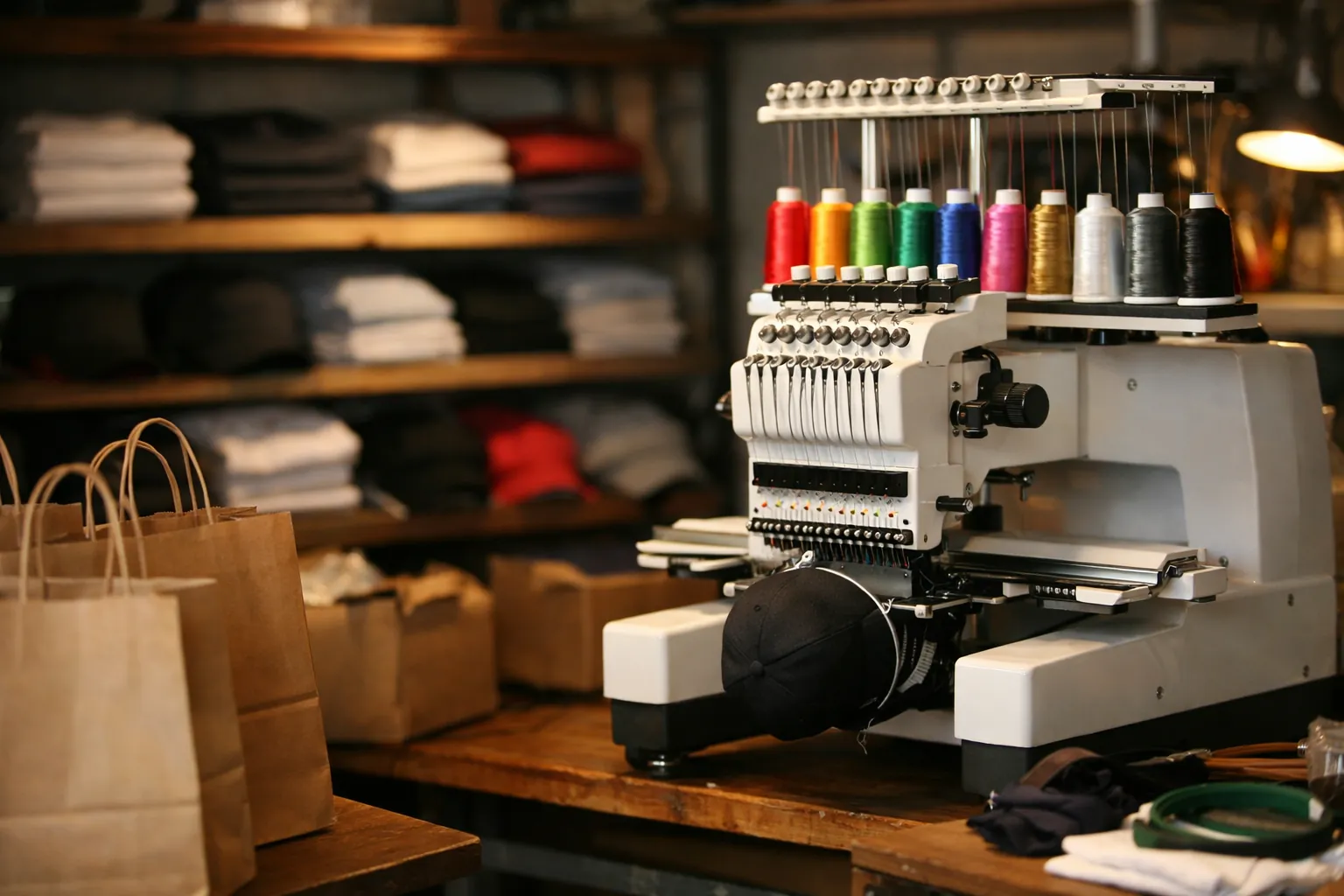A small home embroidery business workspace with a multi-needle machine, stacked blank shirts and finished orders