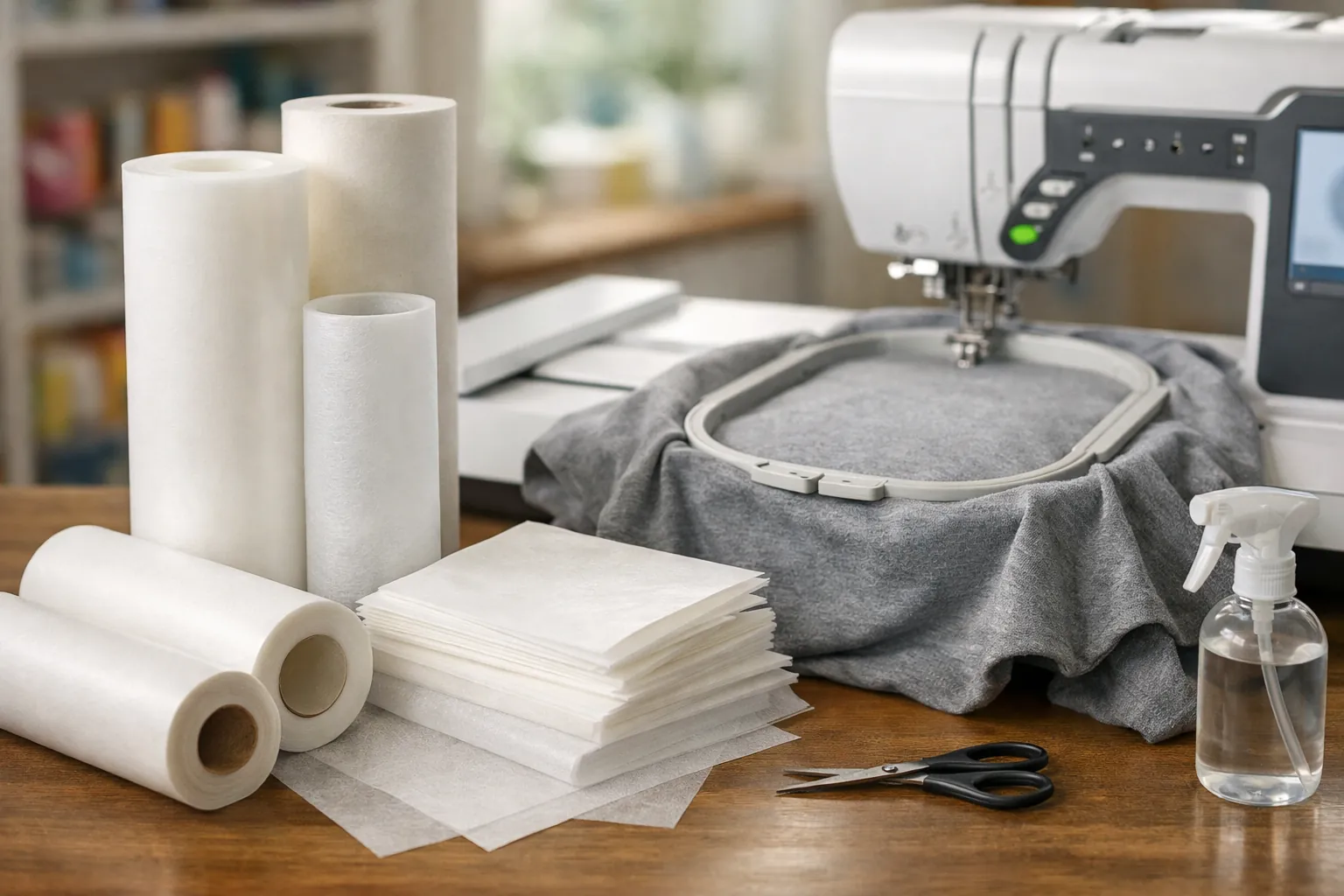 Rolls and sheets of white embroidery stabilizer next to a hooped T-shirt on an embroidery machine