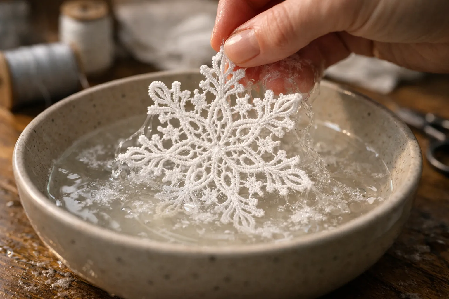 Free-standing lace being rinsed as wash-away stabilizer dissolves